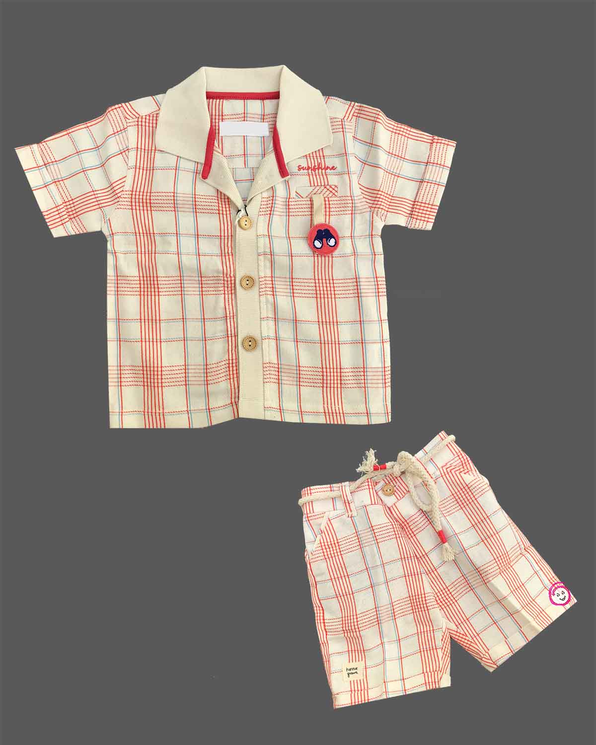 Toddler boys plaid button-down shirt paired with matching drawstring shorts
