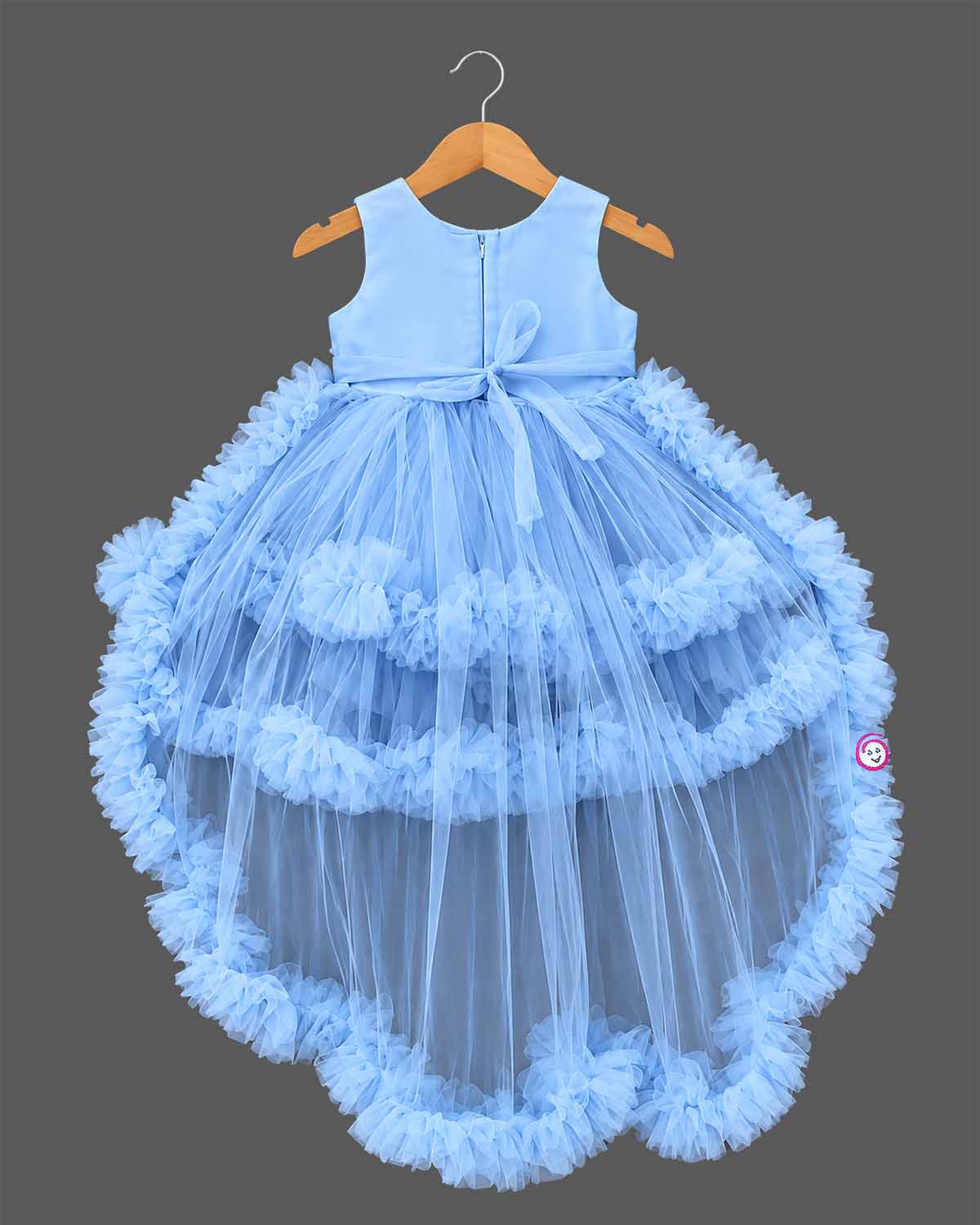 Baby girl net frock with pearl embellishments and ruffled tiered skirt for birthday party