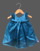 Teal blue shimmer net party frock for toddler girls with ruffled shoulders and center rose flower detail