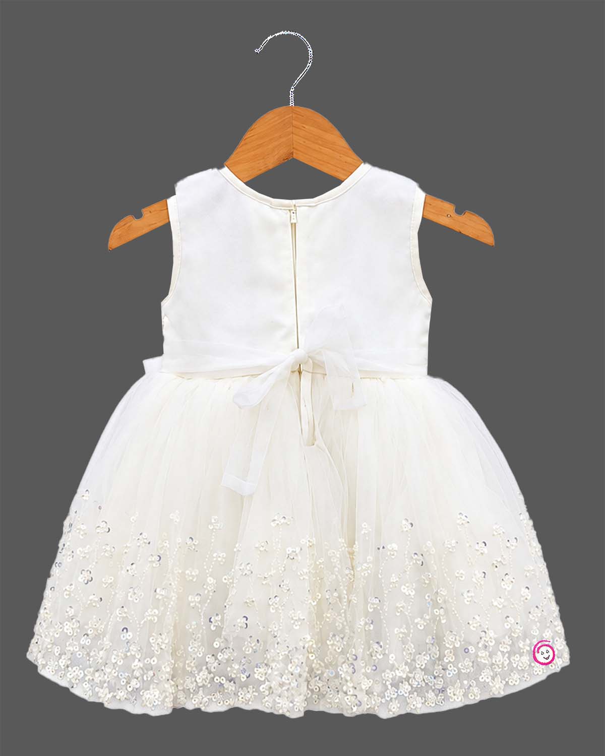 Off-white sequin floral embroidered net party frock with waist bow for baby girls grand celebrations, temple visits, and family festivals