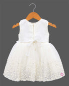 Off-white sequin floral embroidered net party frock with waist bow for baby girls grand celebrations, temple visits, and family festivals