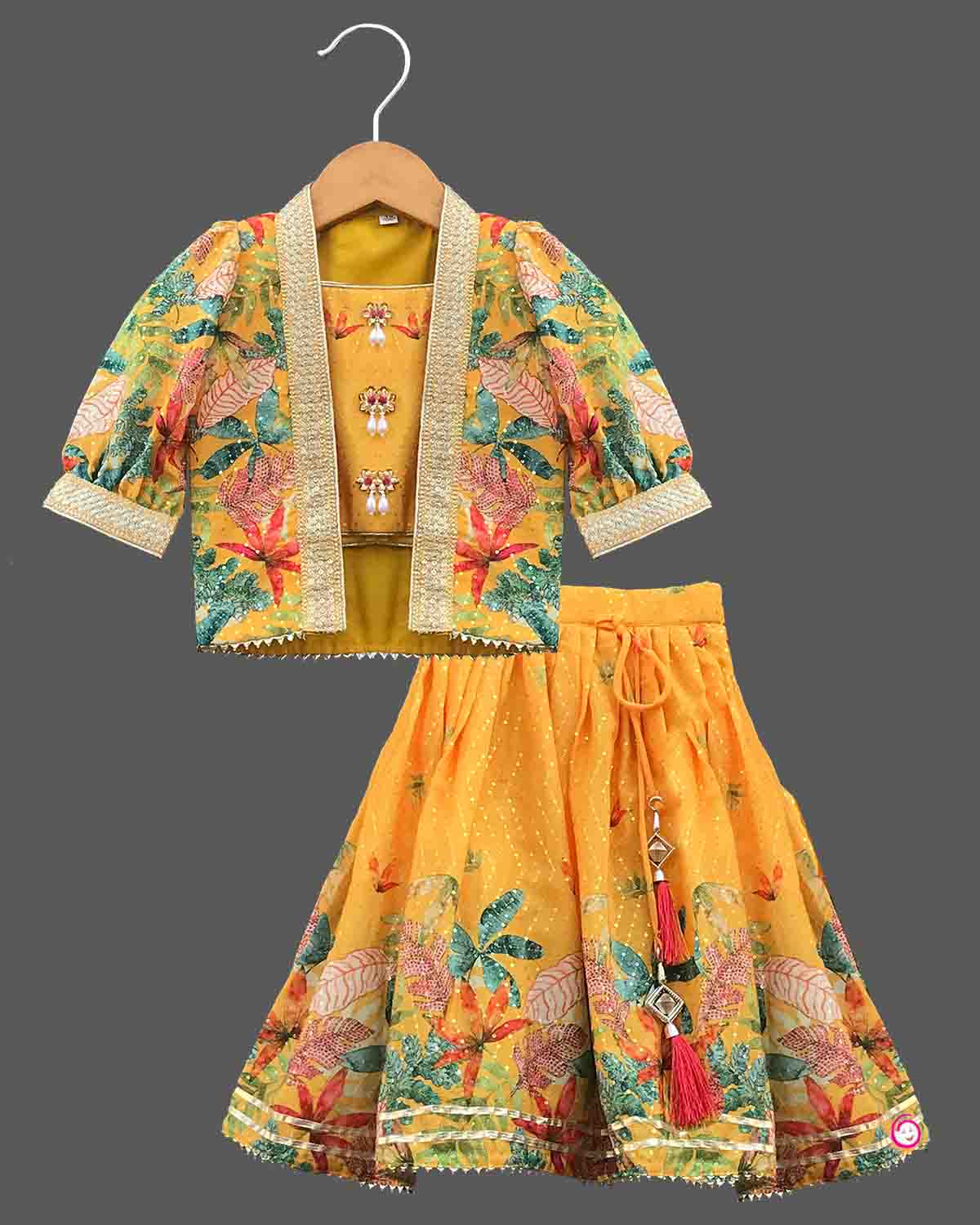 Girls embroidered crop top with oval coat & skirt - Yellow