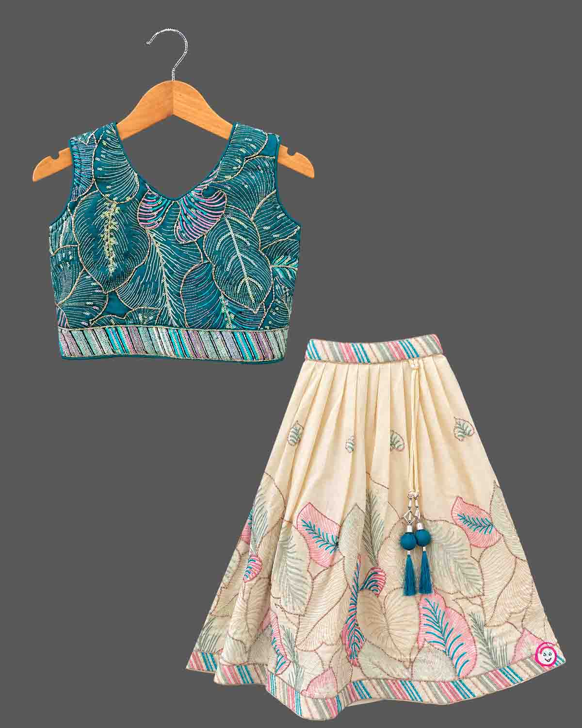Girls sleeveless botanical embroidered lehenga choli for kids with pleated skirt and net dupatta