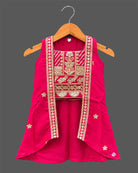 Girls embroidered choli top, flared lehenga skirt, and matching open-front sleeveless jacket.