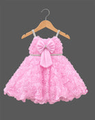 Baby girl floral applique party frock with statement bow and ruffled net layers