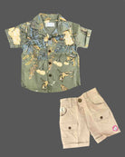 Toddler boys botanical print short sleeve shirt paired with pocket cargo shorts