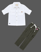 Structured corduroy shirt and cargo pant set for baby party wear dress with utility pockets