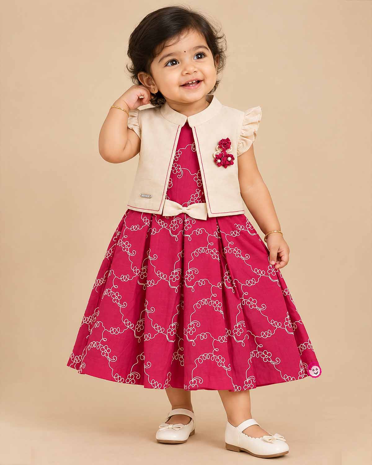 Girls magenta pink embroidered casual frock with beige jacket for birthday party