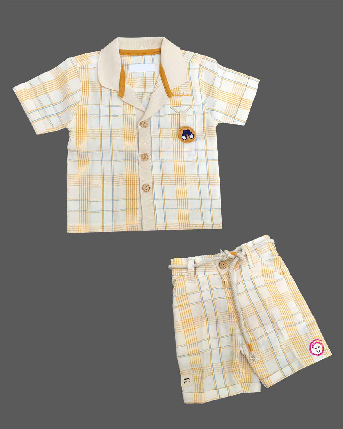Stylish casual two-piece co-ord set for toddler boys featuring a check-patterned Cuban collar short-sleeve shirt with chest embroidery paired with matching shorts and a rope belt.