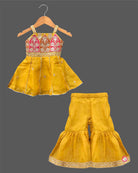 Toddler girls traditional embroidered silk short kurti flared sharara bottom set for festive wear