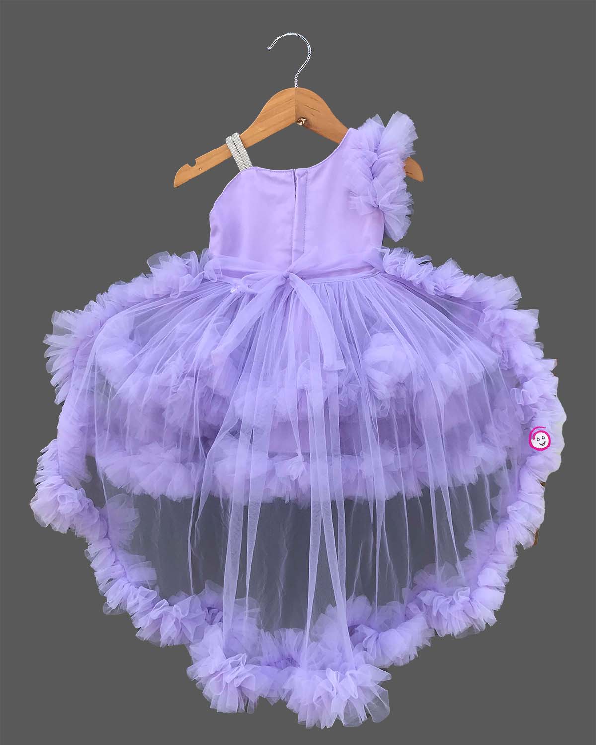 Baby girl designer one shoulder high low tail frock with tiered ruffles