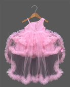 Toddler net ruffle party frock with high low ruffled skirt and Asymmetric floral bodice