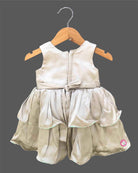 Beige gold sequined satin frock for baby girls with bow accent for birthday party