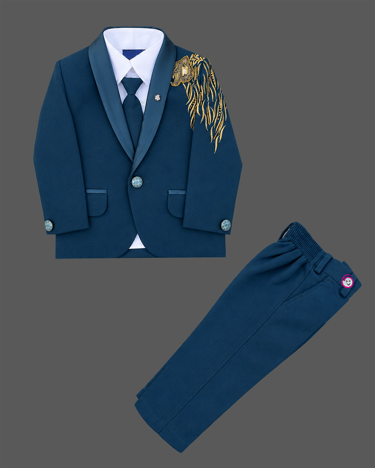 Boys embroidered tuxedo suit set featuring metallic shoulder embroidery, satin shawl lapel blazer, tie, and pant.