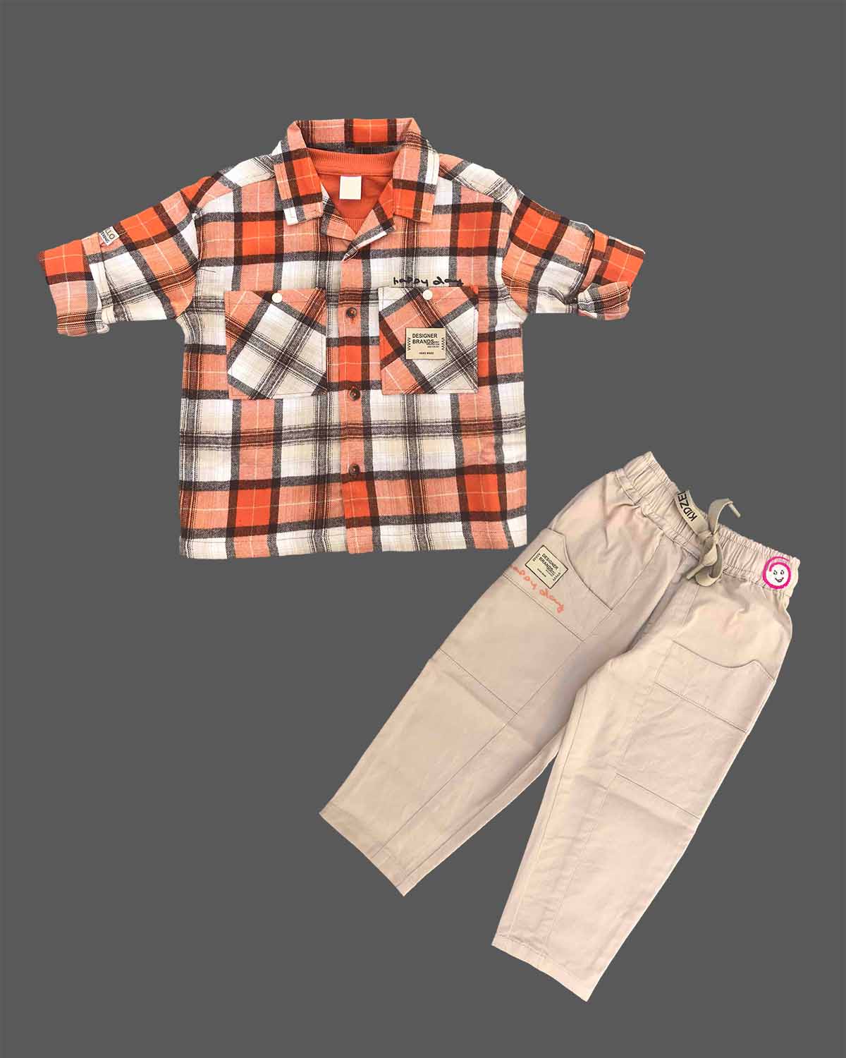 Little gentleman plaid short sleeve button up shirt with inner round neck graphic tee and matching trousers