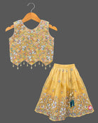 Kids sequined embroidered choli lehenga set with scalloped hem and hair accessory