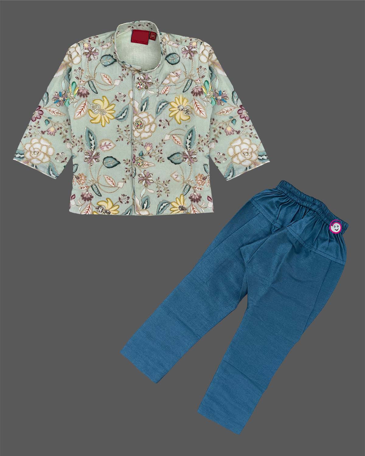 Boys sherwani featuring floral embroidered with pant for festive weddings