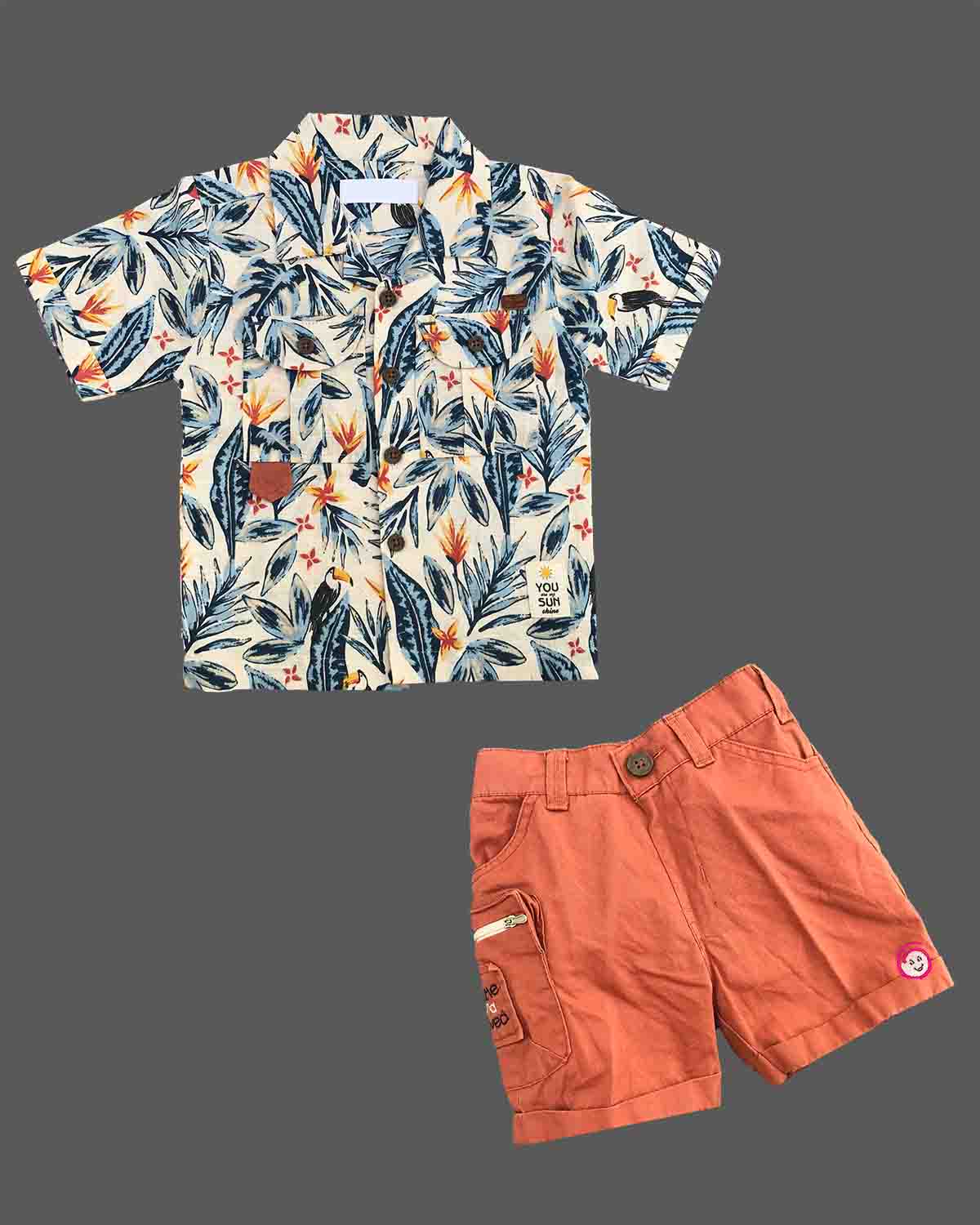 Toddler Boys Tropical Printed Short Sleeve Shirt with Matching Elastic Utility Shorts