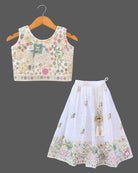 Hand-embroidered lehenga choli for kids with sleeveless choli, flared skirt, and dupatta.