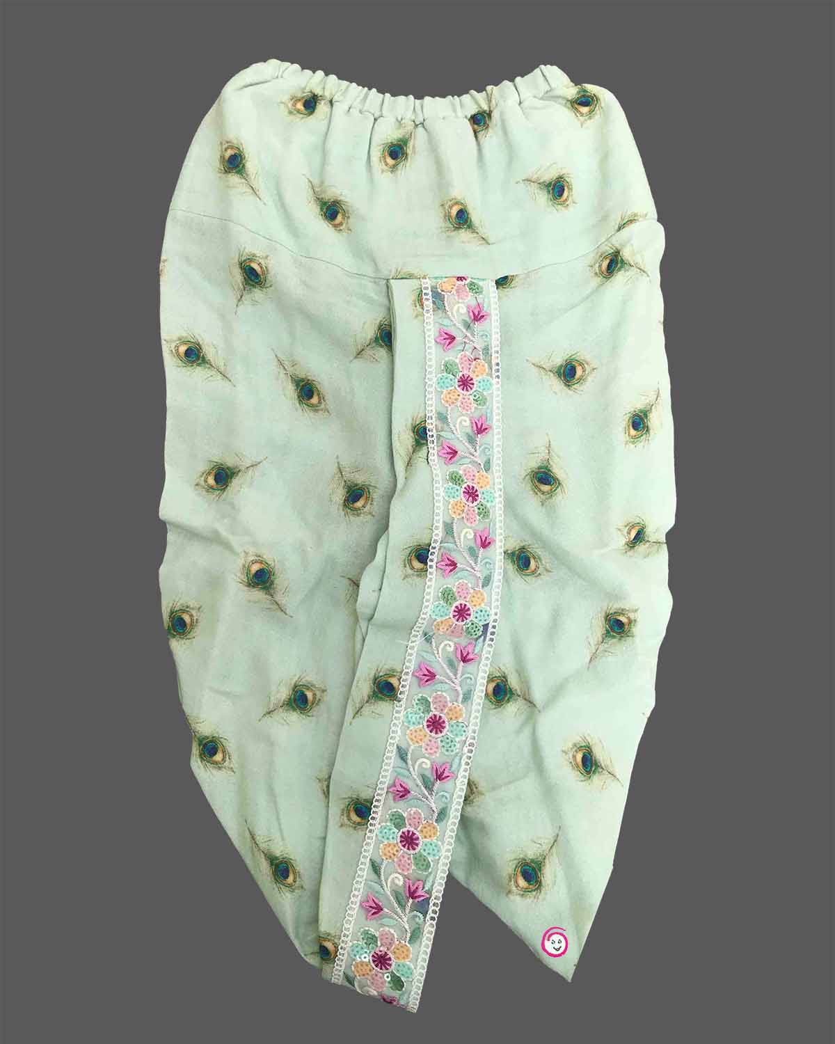 Young prince peacock feather printed Krishna outfit set with dhoti stole headband and flute for Gokulashtami