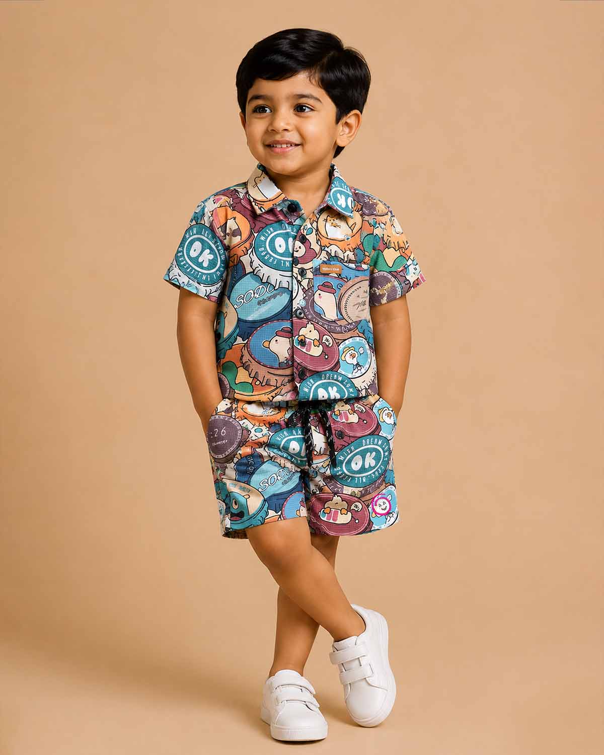 Baby boy playful graphic print short sleeve button-down shirt and matching drawstring shorts set for kids everyday playwear