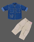 Detailed view of party wear for boys featuring denim button shirt with graphic prints and cargo pant.