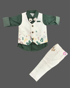 Toddler boys formal alphabet print waistcoat suit set with shirt, bowtie, and trousers flat lay.
