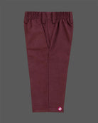 Maroon formal suit for little boys featuring a blazer with black and silver sequin details, a grey collar accent, white shirt, black tie, and matching maroon pant against a grey background.