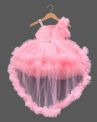 Tiered ruffle high-low silk frocks for baby girl featuring asymmetrical shoulder frills and sequin embroidery.