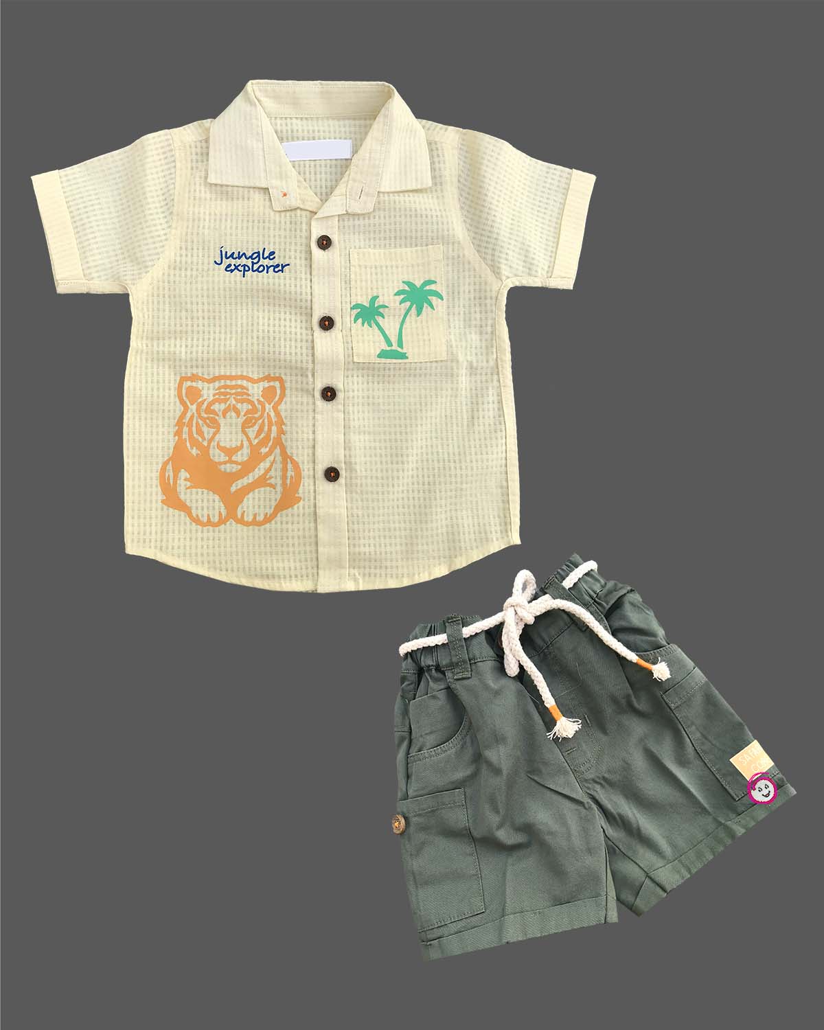 Toddler Boys Casual Outfit: Jungle Tiger Print Collared Shirt paired with Solid Drawstring Cargo Shorts