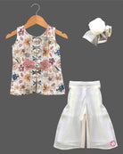 Girls floral embroidered sleeveless jacket top wide leg palazzo pants set with hair accessory