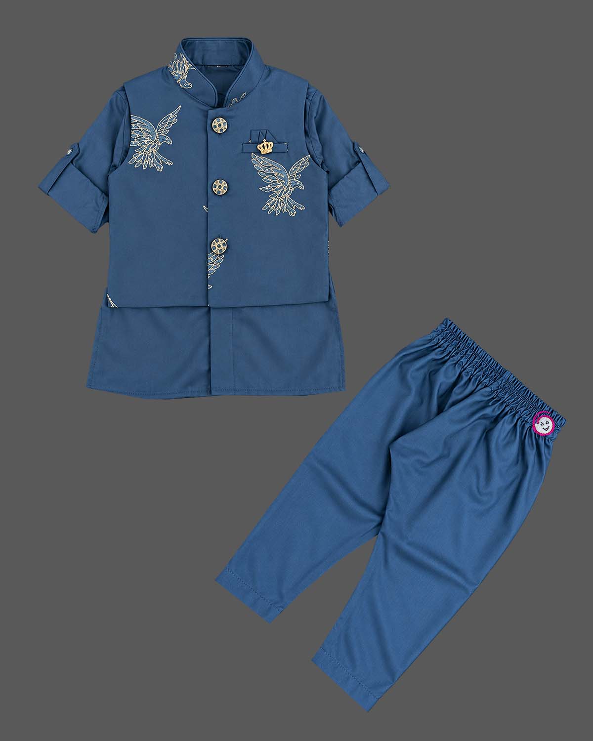 Kids sherwani set featuring golden eagle embroidery and mandarin collar for boys festive wear