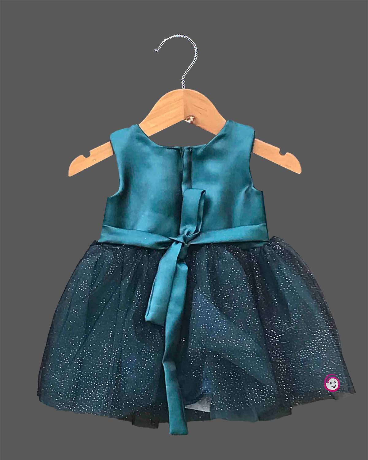 Teal blue and dark green glitter net party frock for girls with flower bow accent
