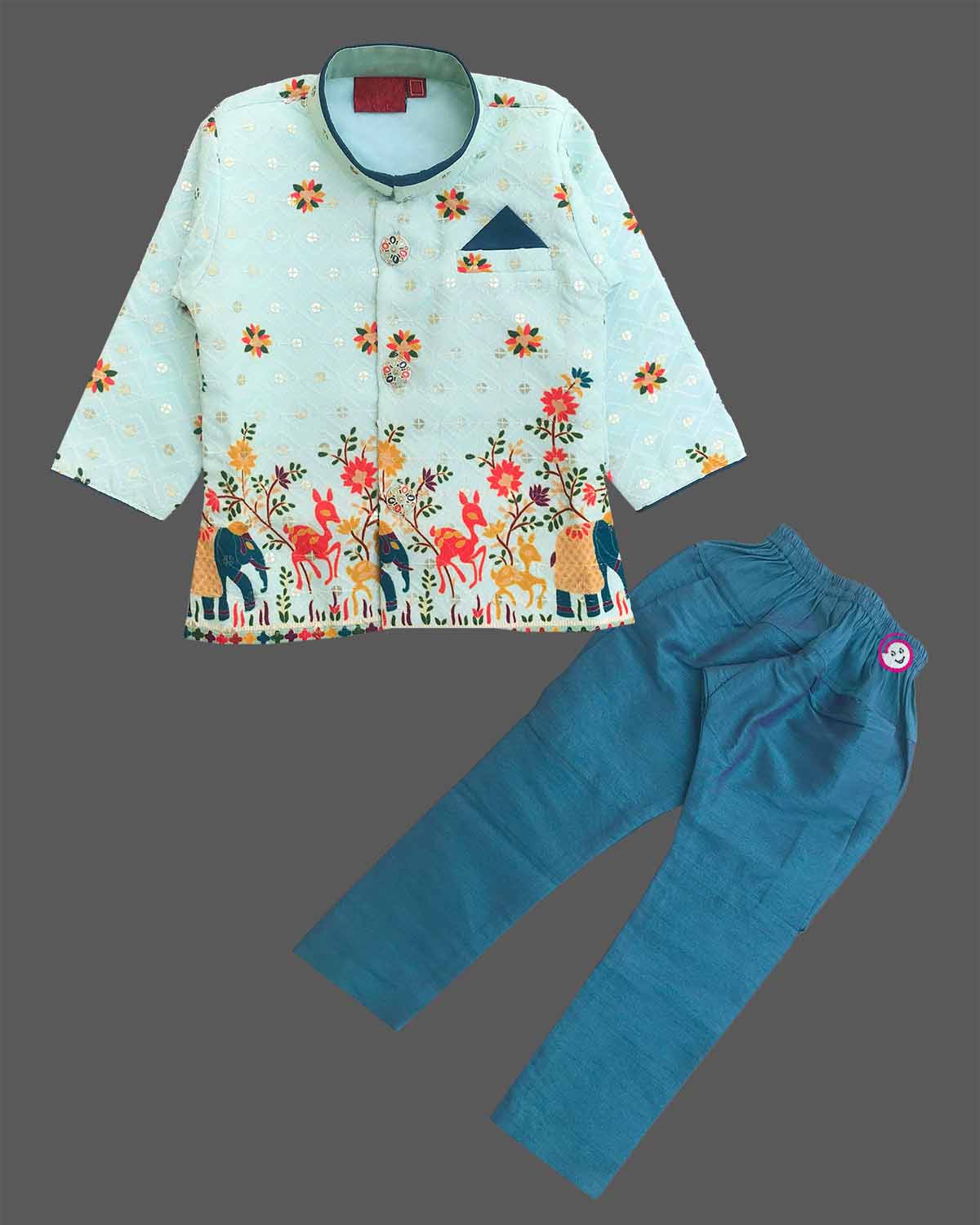 Boys light blue ethnic silk sherwani with vibrant elephant and deer motifs, mandarin collar, pocket square, paired with blue elastic waist pant