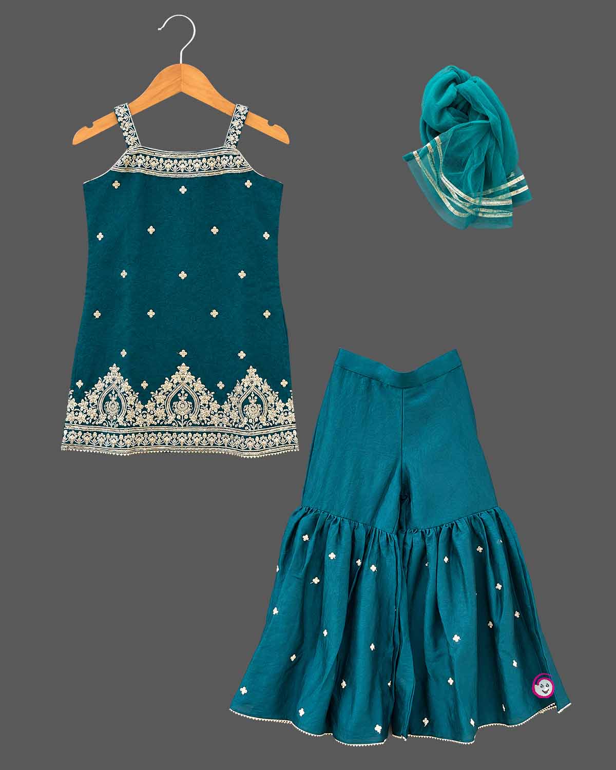 Embroidered tunic kids sharara set with square neckline, tiered flared pants, and sheer dupatta