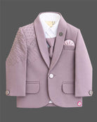 Boys dusty mauve formal suit blazer with shoulder sequin embellishments and tassel fringe, tie, pocket square, paired with elastic waist formal pant