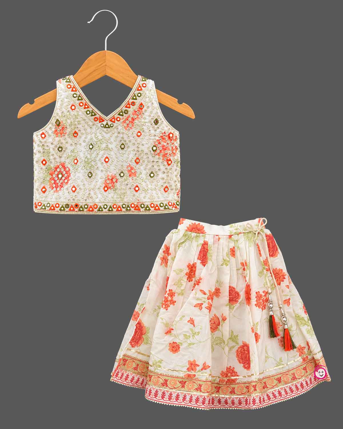 Mirror-embroidered half saree for kids set featuring V-neck choli, printed skirt, and sheer dupatta