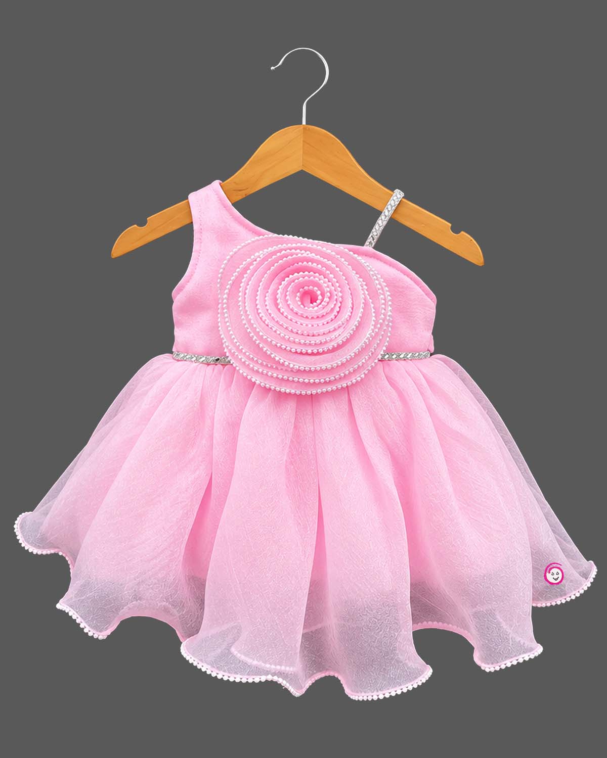 Asymmetric organza rosette kids party wear frock set with matching booties and bow headband