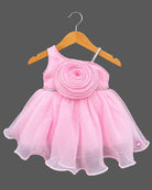 Asymmetric organza rosette kids party wear frock set with matching booties and bow headband