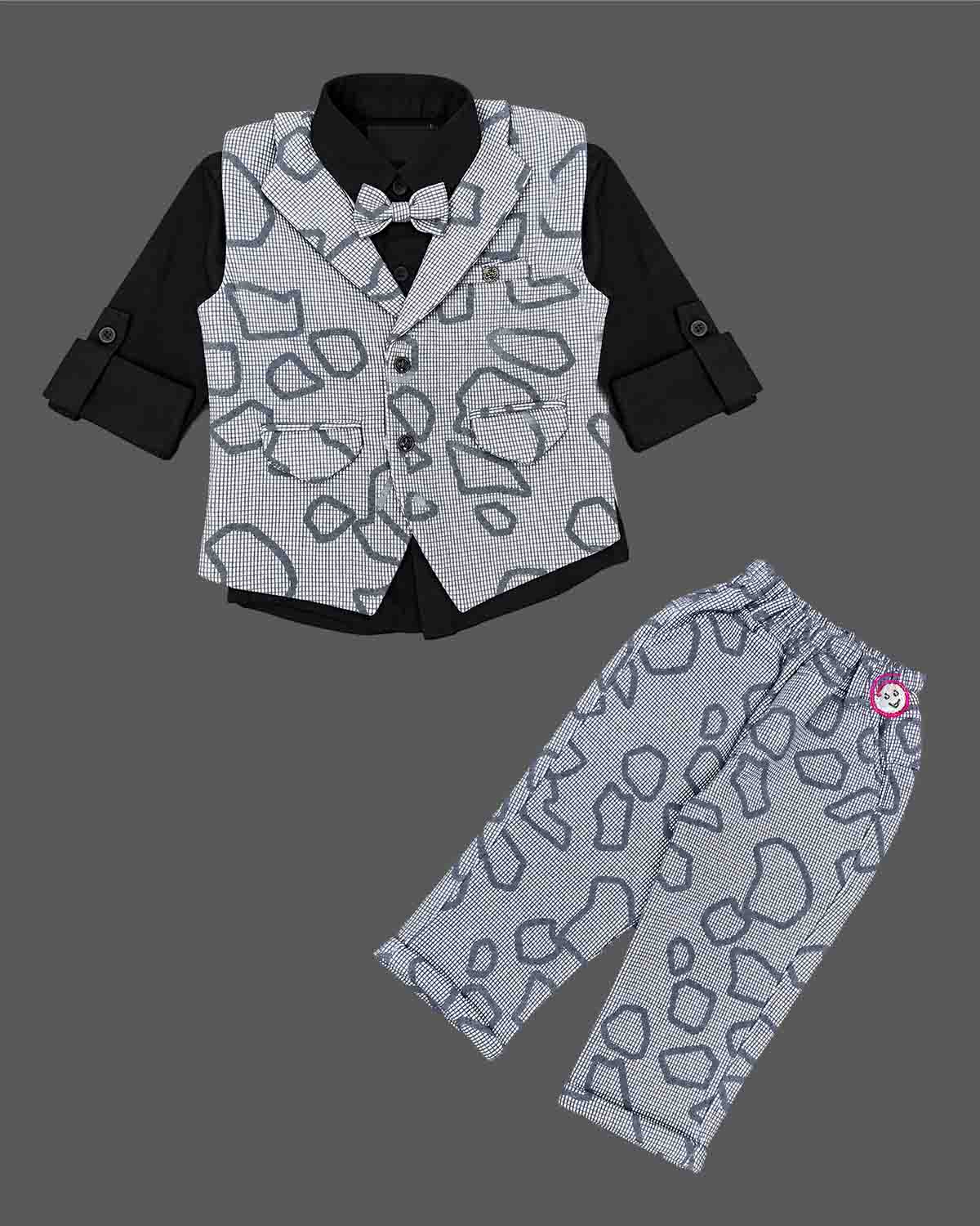 charming champ printed waistcoat suit with shirt bow tie and pant for boys party wear