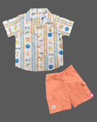 Vacation print short sleeve button down shirt with pocketed cargo shorts set for kids