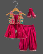 Girls pink patiyala set with embroidered mirror work jacket and dupatta