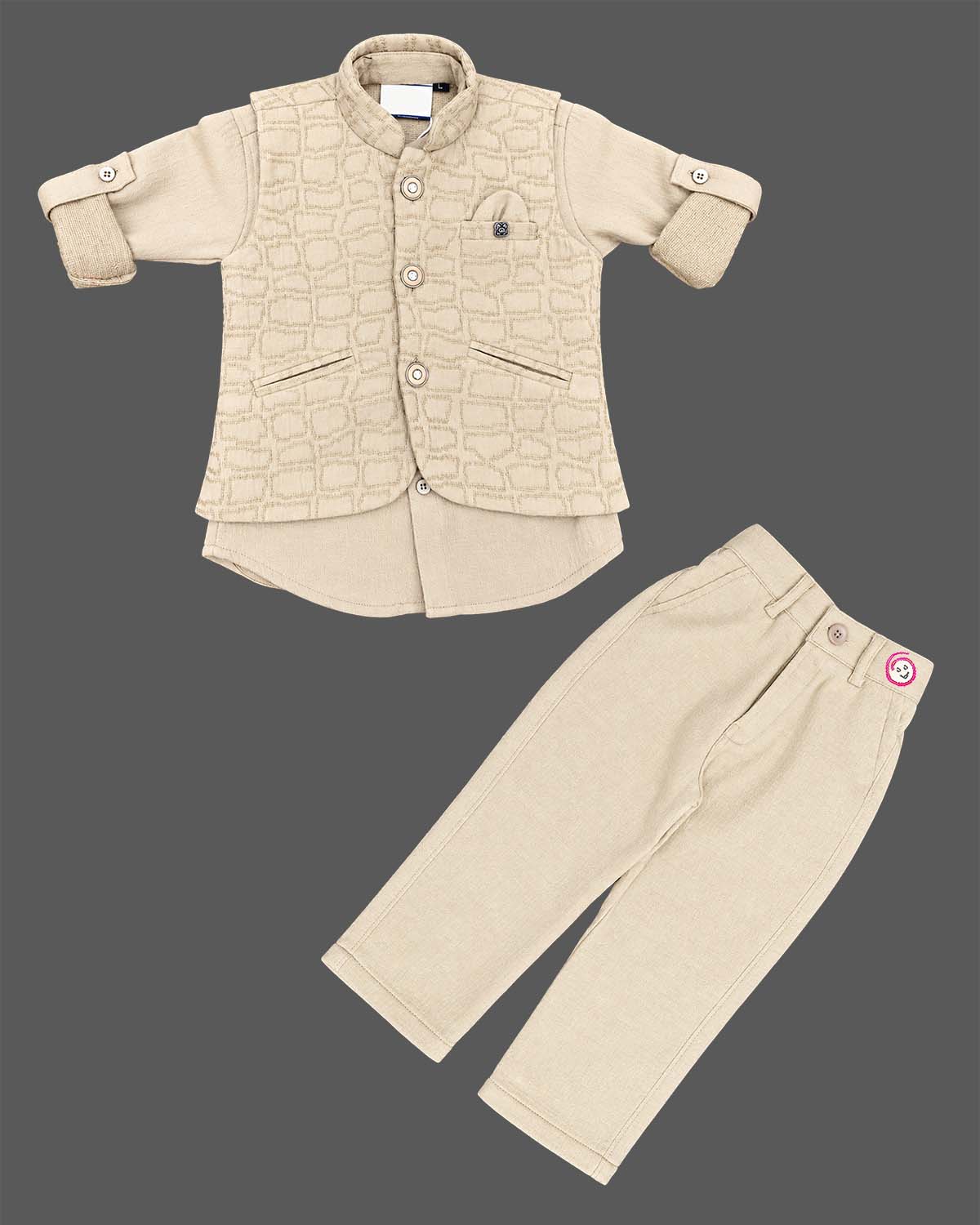 little gentleman textured waistcoat set with full sleeve shirt and trousers for boys suit
