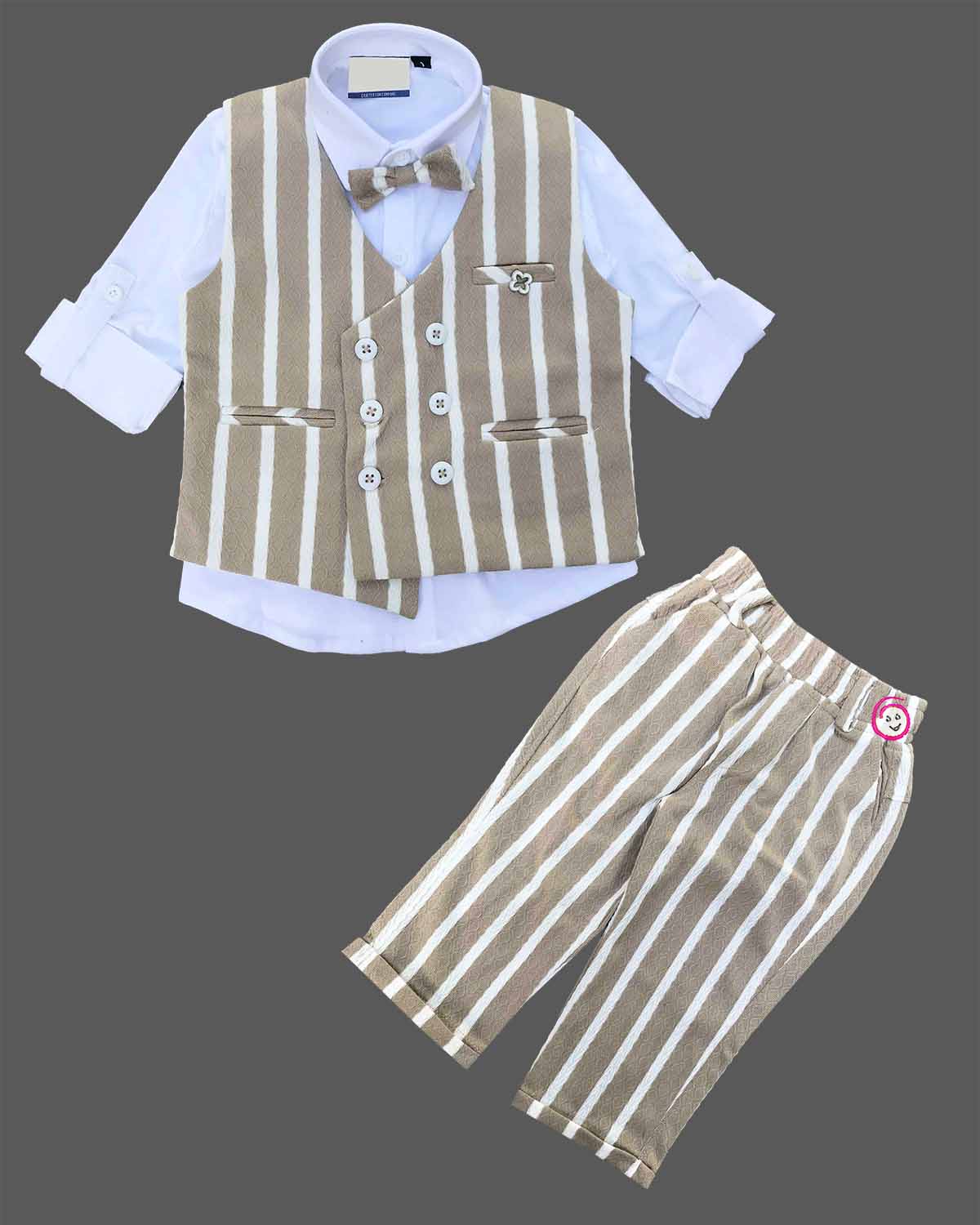 Beige striped waistcoat suit set with white shirt and bow tie for toddler boys