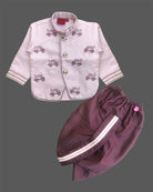 Boys lilac ethnic full sleeve kurta with auto embroidery motifs and mandarin collar paired with wine elastic waist dhoti pant