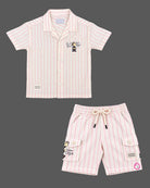 Kids shirt and shorts set designed as western wear for boys with button closure and utility pockets.
