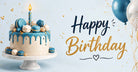 A blue and cream birthday cake with macarons and a candle on a white stand, next to balloons and the text 'Happy Birthday' on a light blue background.