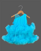 Glittering embellished flower applique party frock for little princess with ruffled high-low net skirt displayed on a wooden hanger.