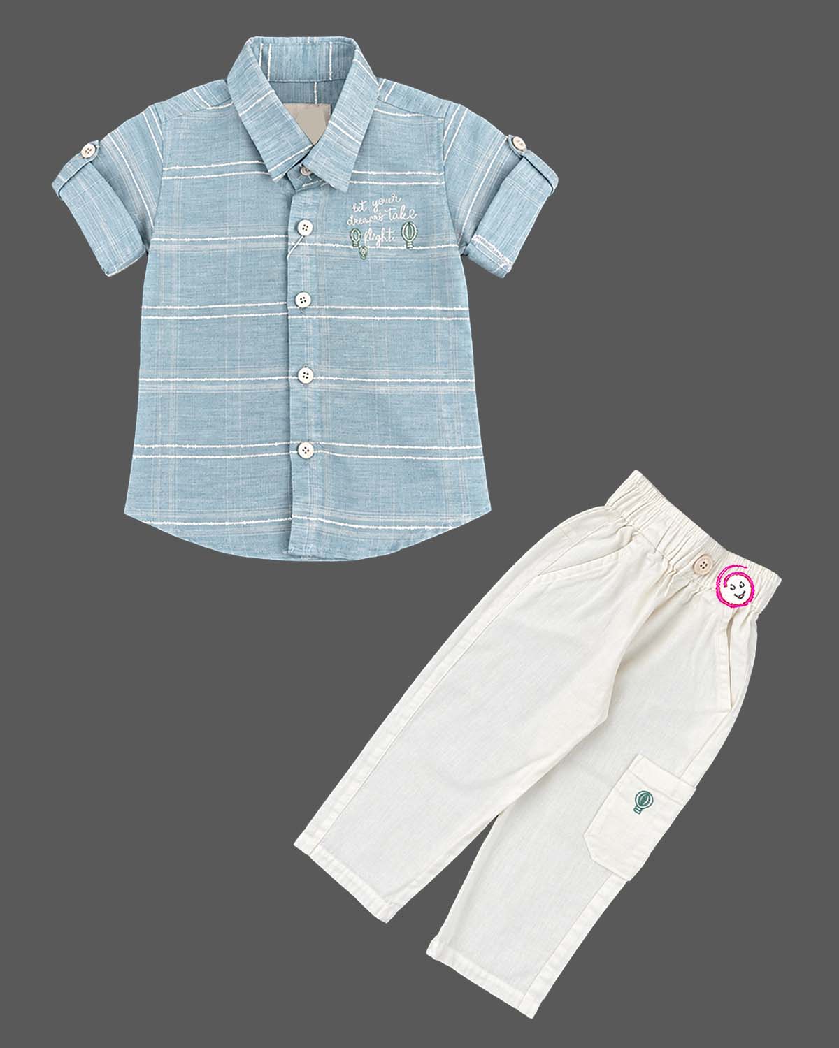 shirt and pant set for boys featuring button-down collar and cargo pockets