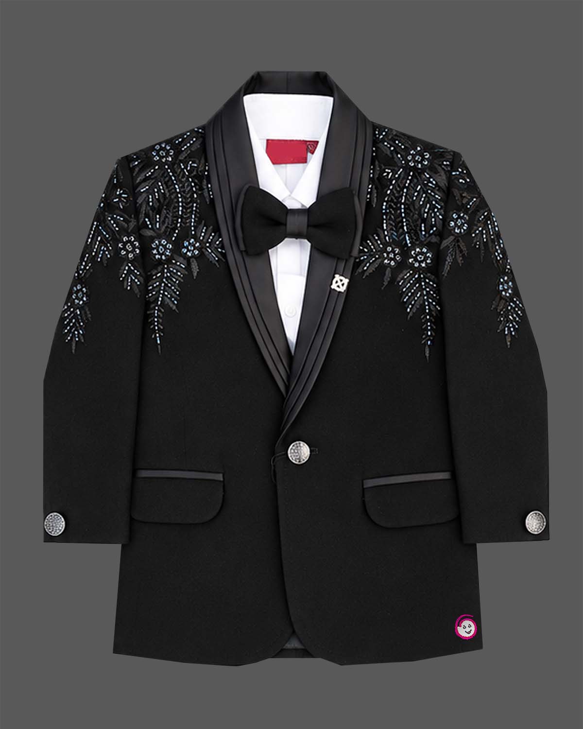 Boys black embroidered formal tuxedo suit set with blazer coat white shirt bow tie and pant for wedding party